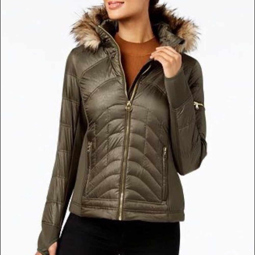 Michael Kors Mixed-Media Hooded Puffer Coat /Small